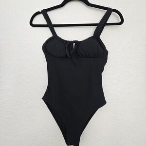 BERLOOK Black Cutout Tie Ribbed One Piece Swimsuit Adjustable‎ Straps XS